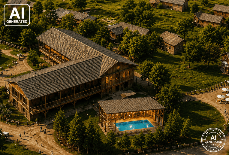Luftbild-Visualisierung der Western City Klein Rönnau mit Hotel und Pool