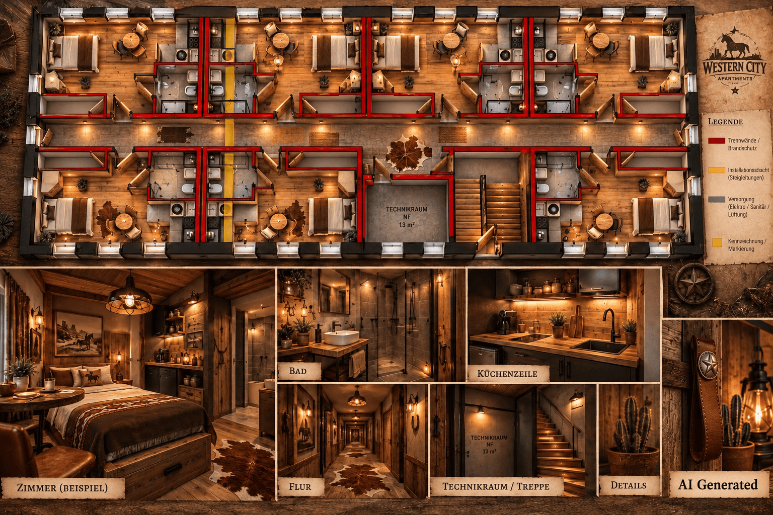 Grundriss und Einrichtung der Hotelzimmer im Westernstil mit Kitchenette