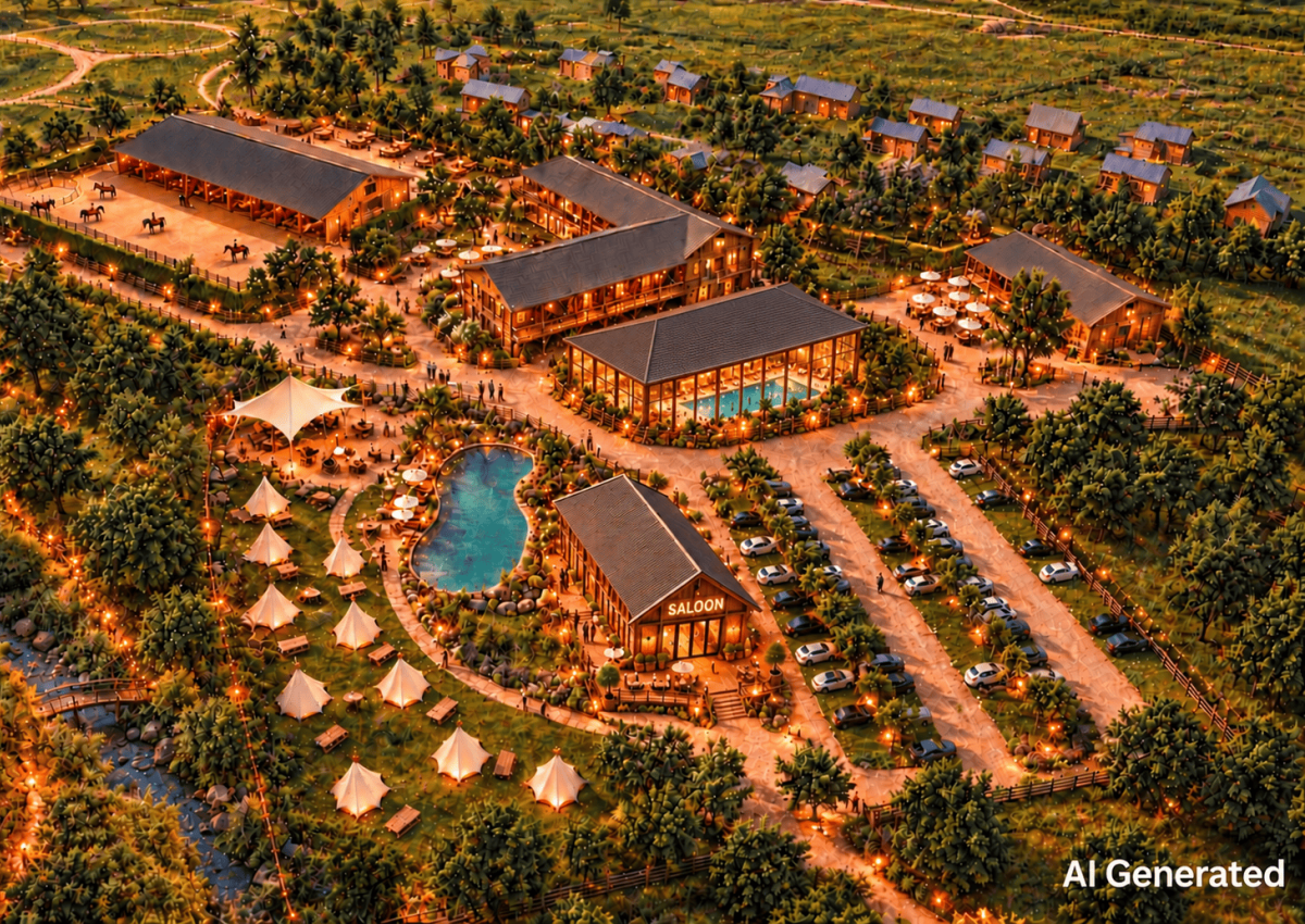 Luftbild-Visualisierung der gesamten Western City Klein Rönnau mit Hotel, Tipidorf und Ranch